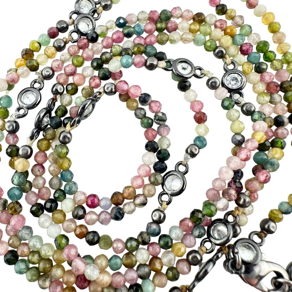 Multicolor Semi Precious Gemstone Micro Beads Bezel Crystal 37" Necklace